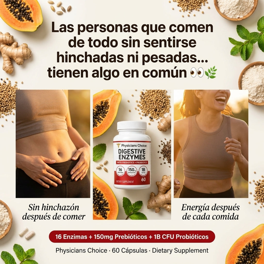 Digestive Enzymes — Elimina La Hinchazón, Mejora Tu Digestión y Equilibra Tu Microbiota Con 16 Enzimas + Prebióticos + Probióticos 🌿