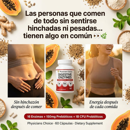Digestive Enzymes — Elimina La Hinchazón, Mejora Tu Digestión y Equilibra Tu Microbiota Con 16 Enzimas + Prebióticos + Probióticos 🌿